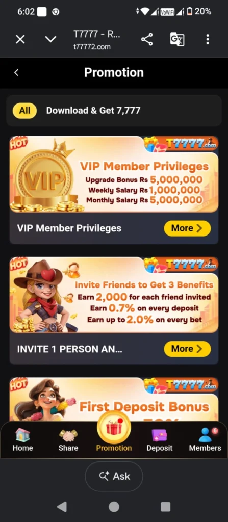 T7777 Game promotions
