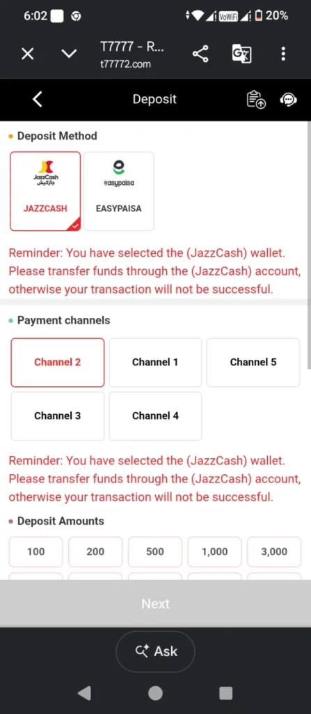T7777 Game deposit