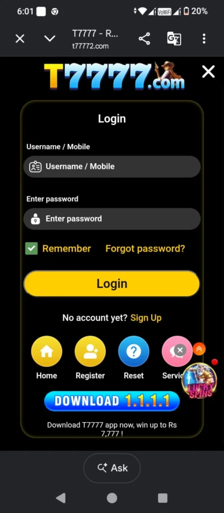 T7777 Game login