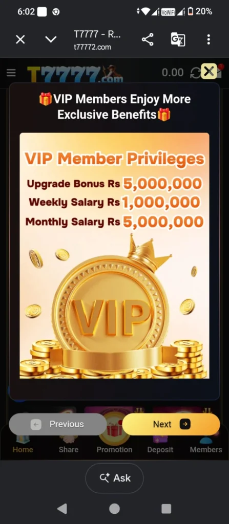 T7777 Game vip member bonuses